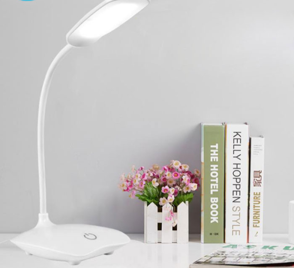 Bílá LED lampa s USB nabíjením připevnitelná na stůl