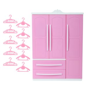 Krásná plastová růžová skříň se zrcadlem + 10 růžových ramínek pro panenku Barbie